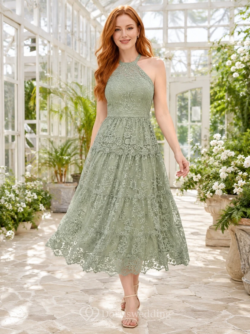 Sage Lace Halter Neck Sleeveless Tea-length A-Line Garden Guest Dress