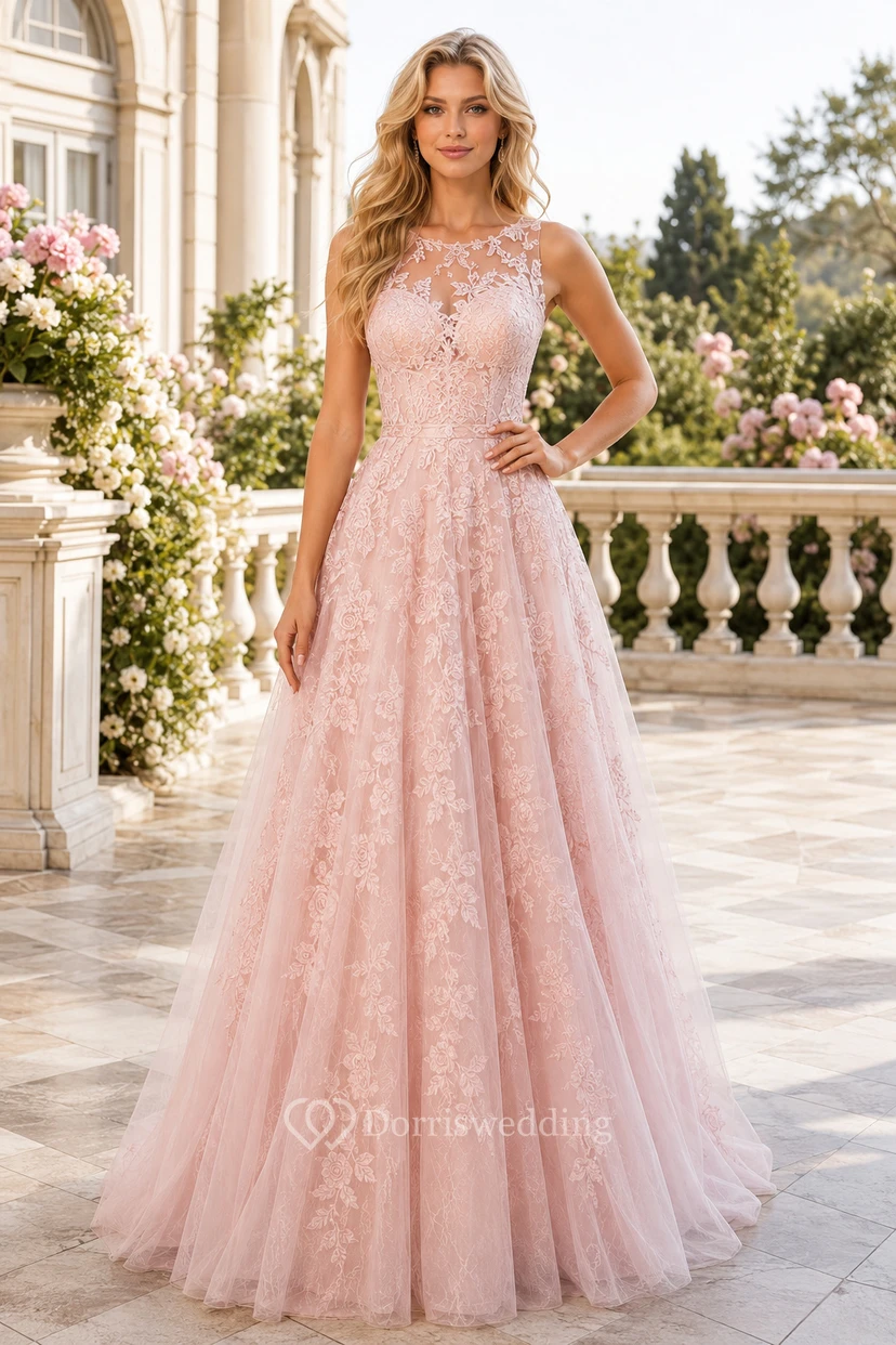 Elegantes, rosafarbenes A-Linien-Abendkleid aus Spitze und Tüll mit Illusionsausschnitt und Schleppe