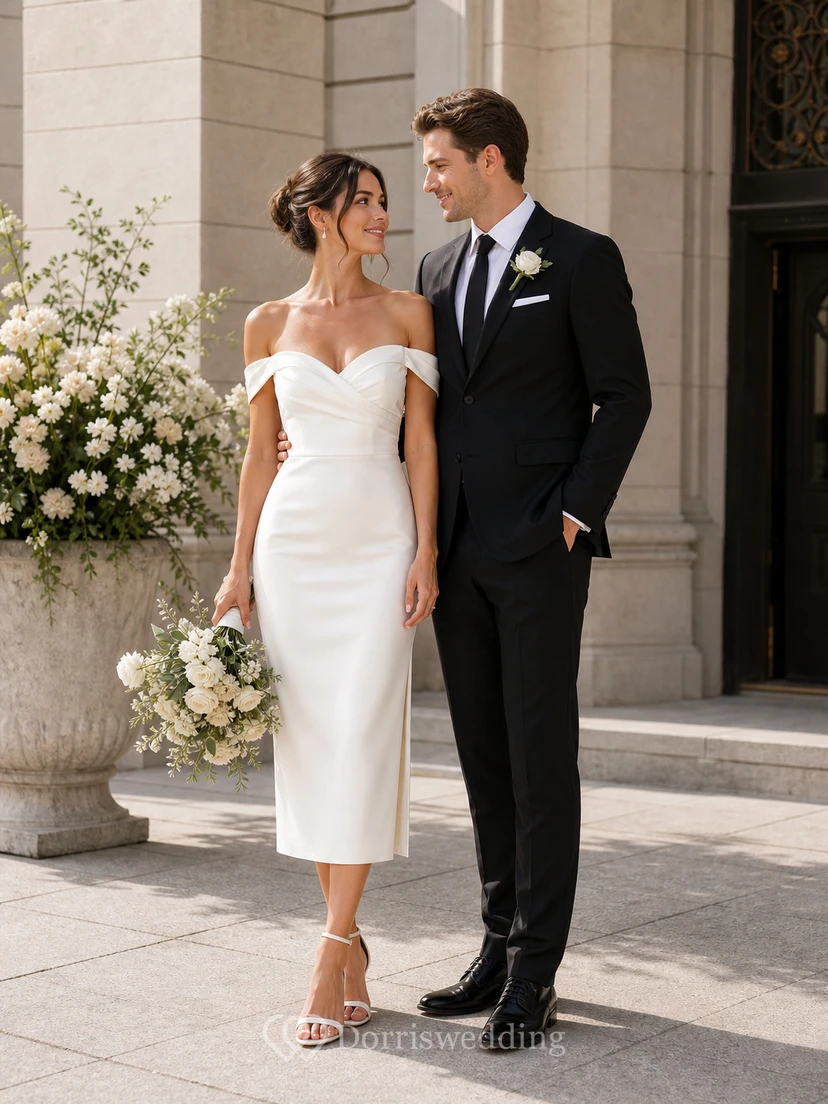 Robe de mariée midi en satin ivoire à épaules dénudées, longueur thé view 3