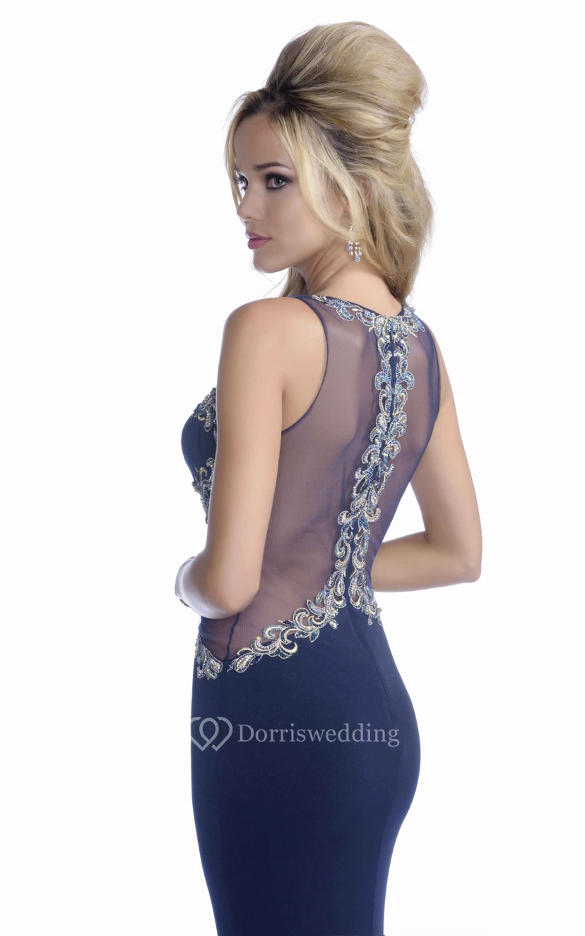 Side Slit Jersey Mermaid Sleeveless Prom Dress With Jeweled Lace Trim view 2