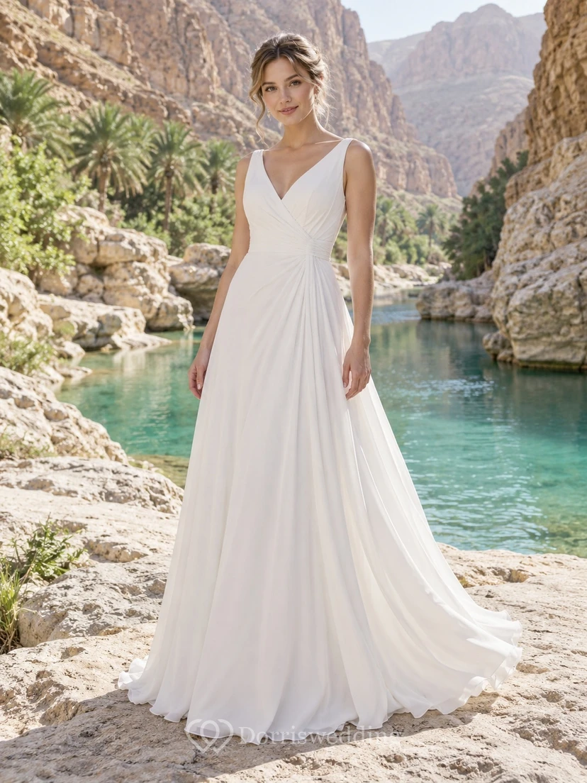 Vestido de novia sencillo de gasa fruncida sin mangas con escote en V y corte en A