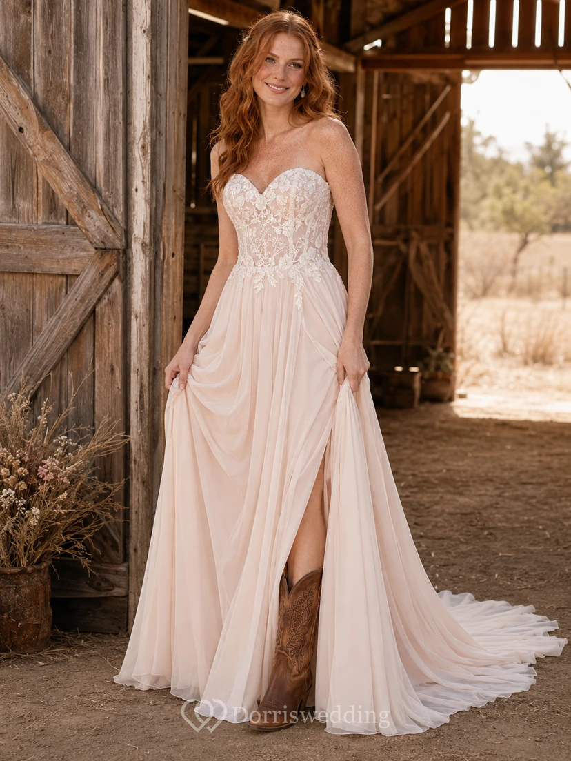 Blush Sweetheart A-Line Wedding Dress with Lace Bodice and Split Tulle Skirt