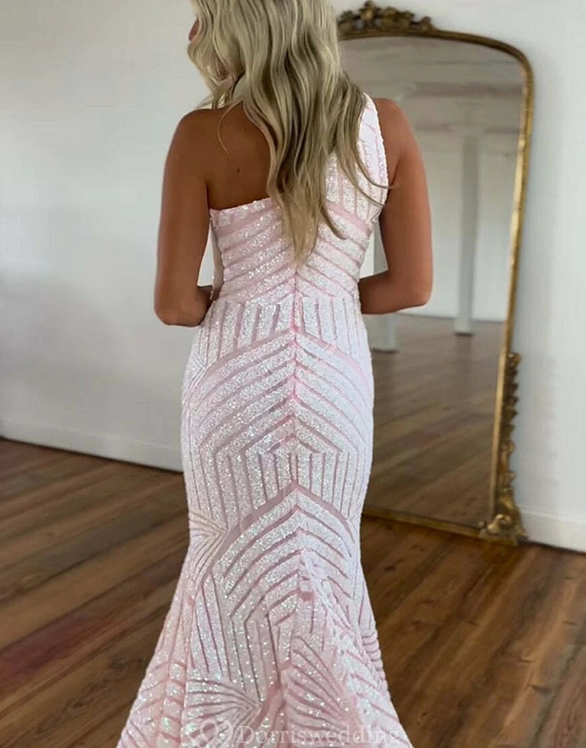 Einseitig schulterfreies, pinkfarbenes Pailletten-Meerjungfrauenkleid mit geometrischem Muster view 8