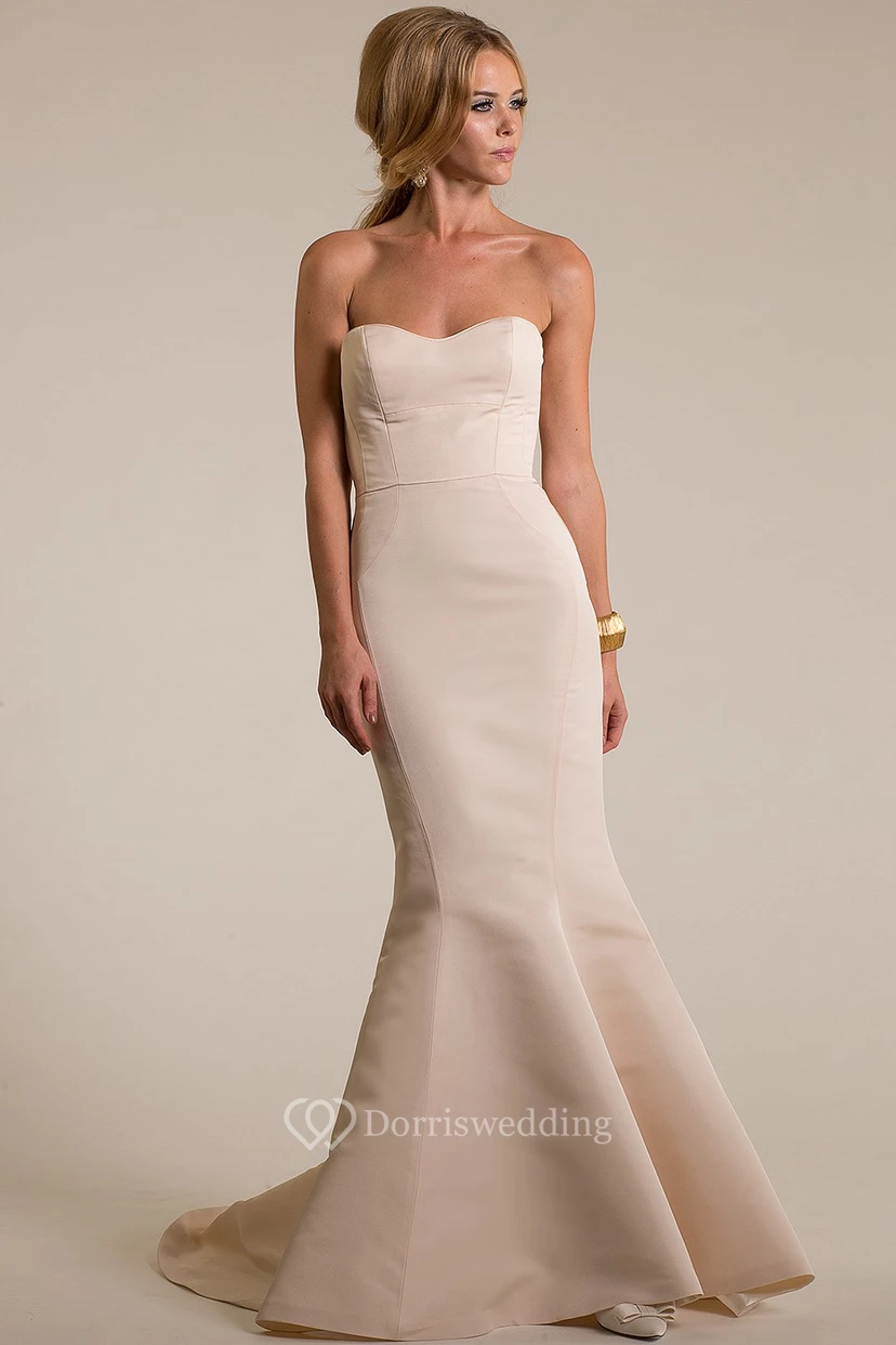 Sheath Long Sweetheart Satin Wedding Dress With Deep-V Back