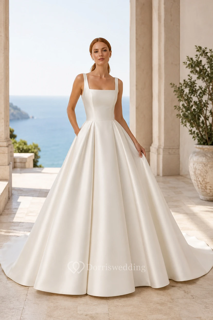Vestido de novia de satén de corte princesa con escote cuadrado y cola larga.