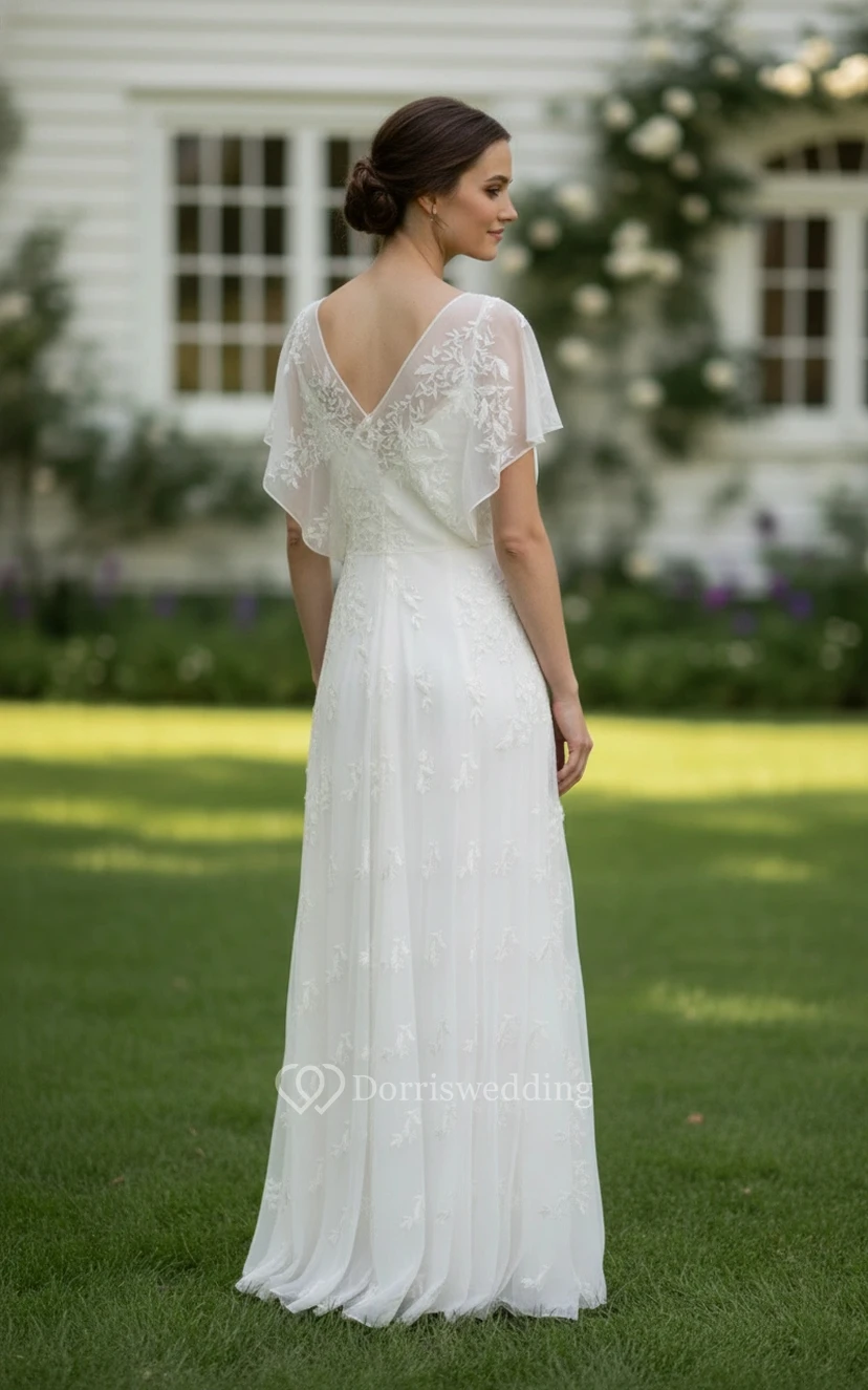Vestido de novia bohemio de corte A con escote en V - Vestido de novia de gasa con encaje bordado y mangas con volantes view 2