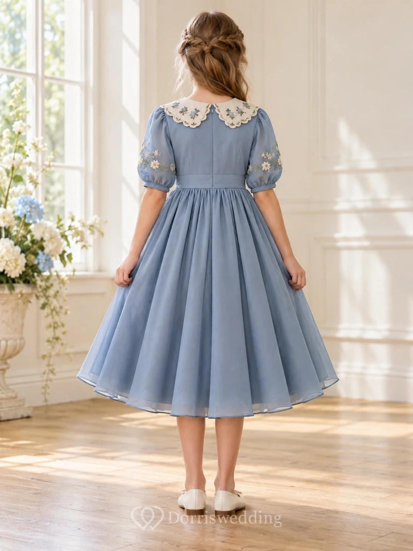Steel Blue Floral Collar Elbow Sleeve Chiffon Flower Girl Dress view 2