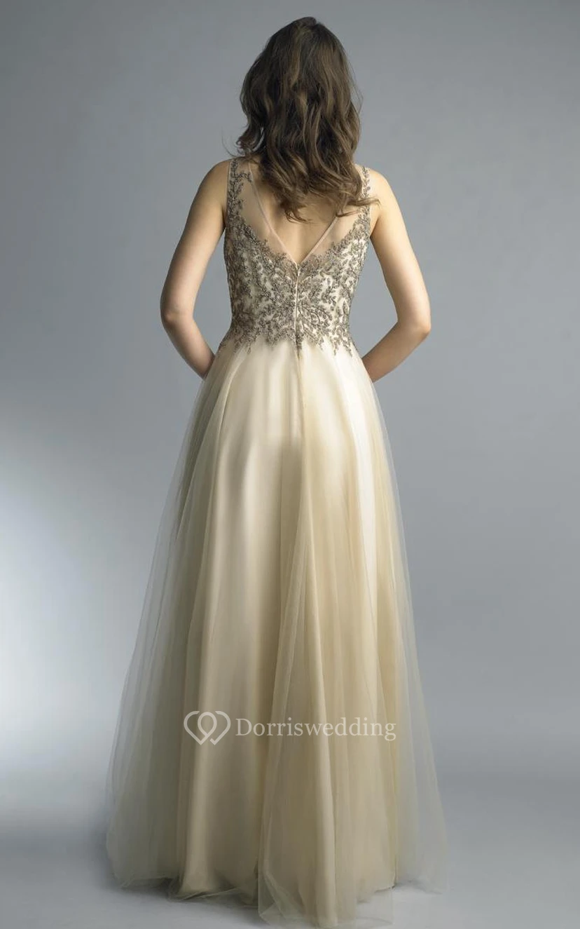 A-line Floor-length High Neck Sleeveless Tulle Low-V Back Dress view 3