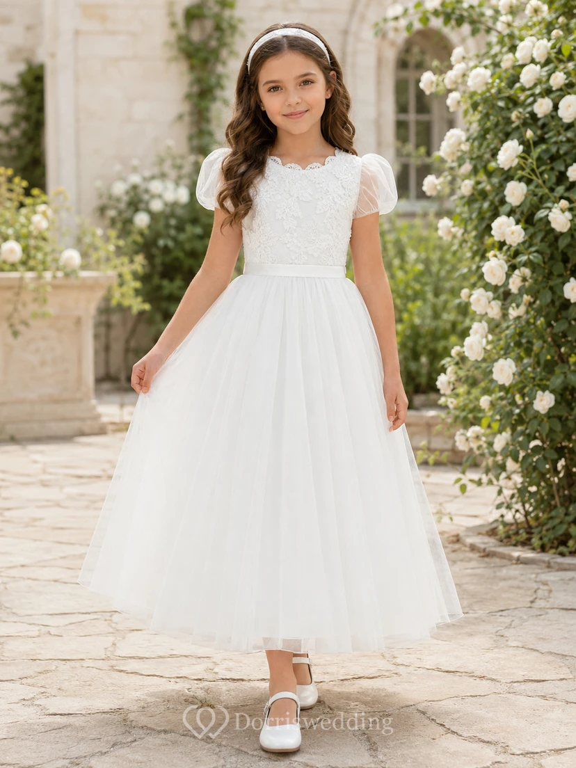Teelanges Kleid mit Puffärmeln, Spitzenoberteil und Tüll, Kommunionskleid für Blumenmädchen, Blumenmädchenkleid