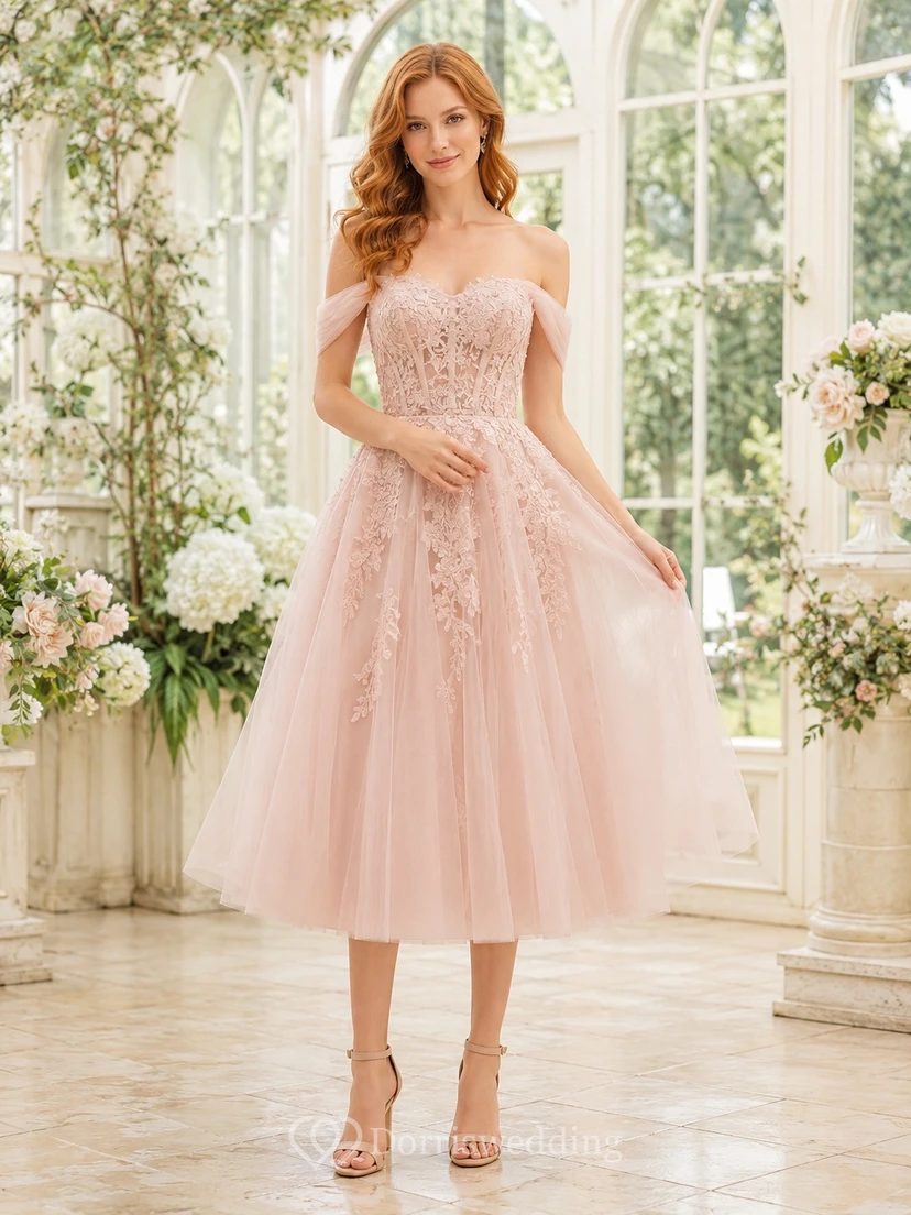 Blush Lace Off-the-shoulder Short Sleeve Tulle A-line Tea-length Cocktail Dress