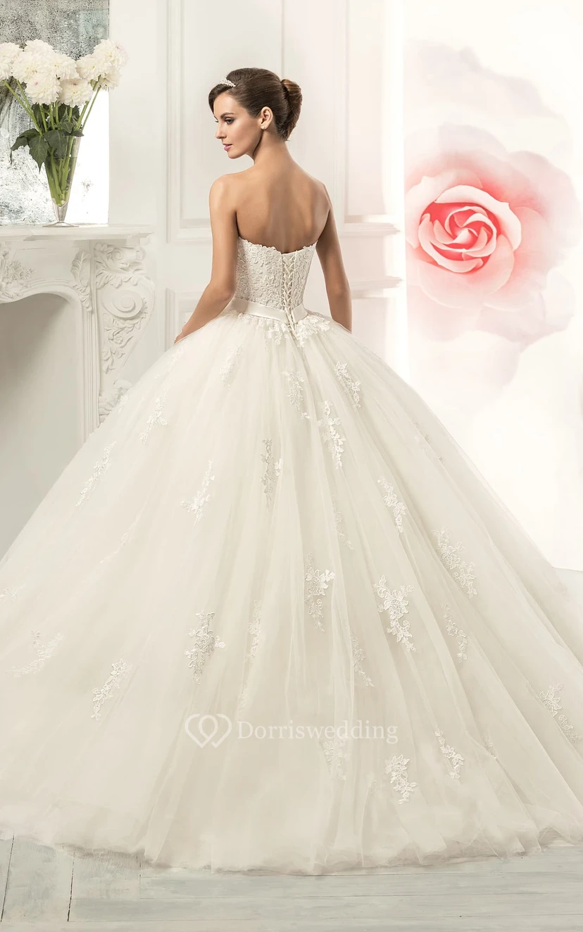 Ball Gown Floor-Length Strapless Sleeveless Corset-Back Tulle Dress With Appliques And Waist Jewellery view 2