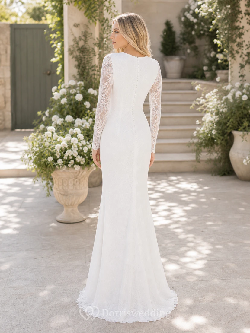 Etuikleid mit Mini-V-Ausschnitt, langen Ärmeln, Schleppe, Reißverschluss und Spitze im Boho-Stil view 6
