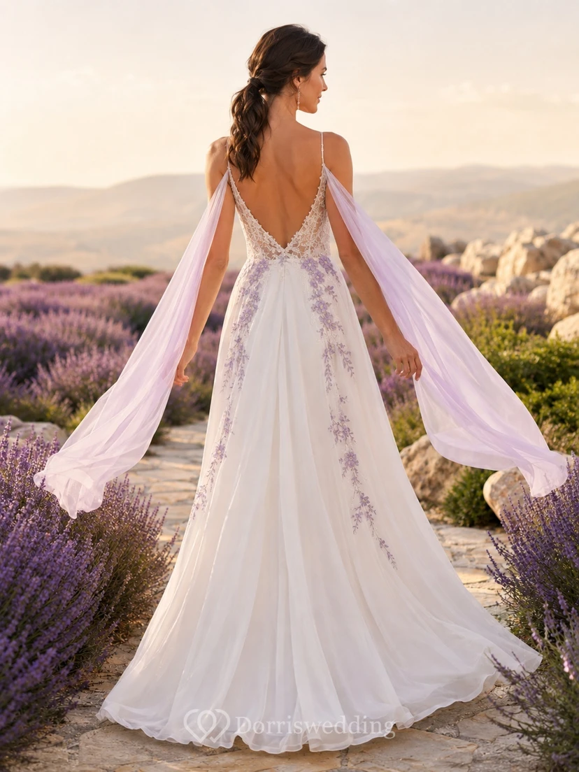 Boho Lavender Floral A-Line Chiffon Bridal Dress V-neck Sleeveless Draped Cape view 2