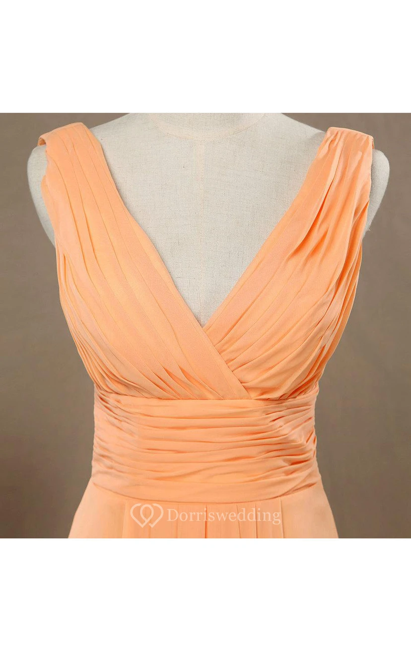 V Neck A-line Pleated Chiffon High Low Dress With Side Draping view 2