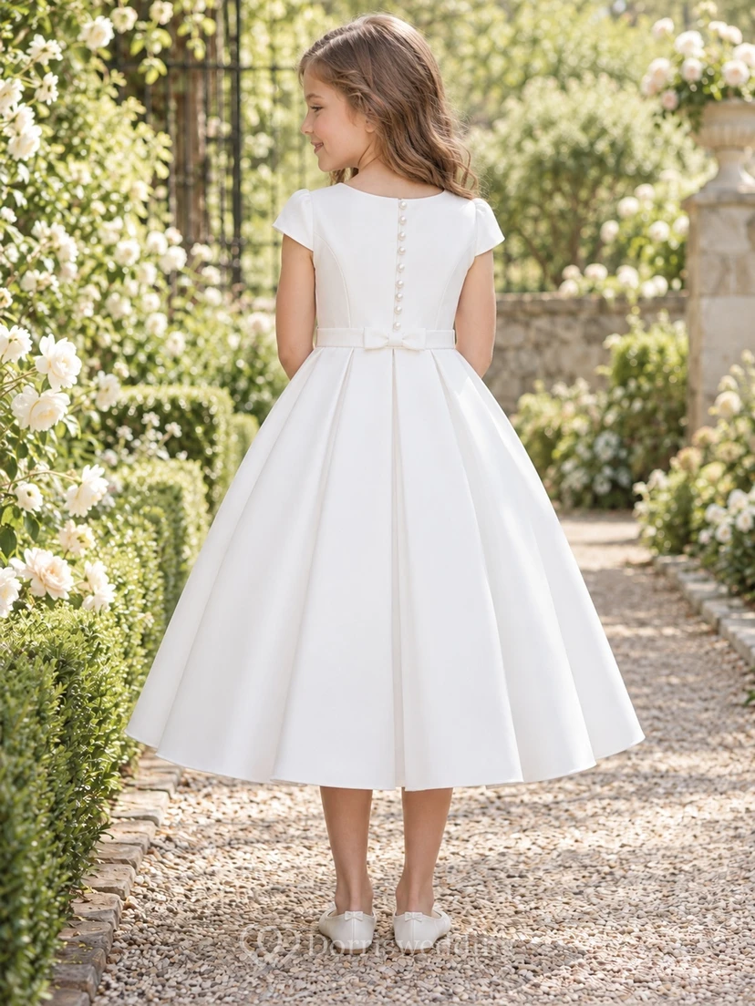 Simple Tea-length White Satin Jewel Cap-sleeve Buttoned Bow-waist Pleated A-line Flower Girl Dress view 2