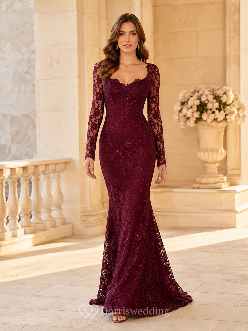 Burgunderfarbenes, formelles Brautkleid mit herzförmigem Ausschnitt, Illusion-Effekt, langen Ärmeln, Meerjungfrauenschnitt und Spitze