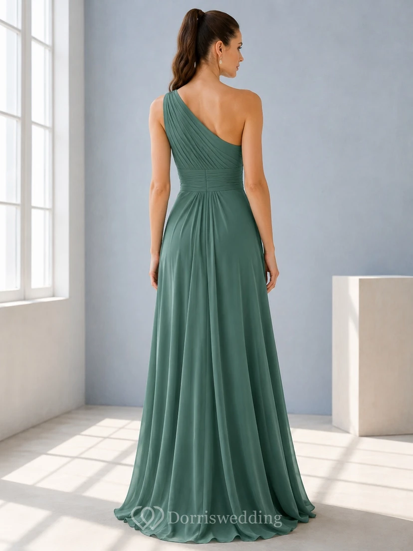 Elegant Jade One-Shoulder Pleated Chiffon A-Line Floor-Length Split Formal Bridesmaid Dress view 2