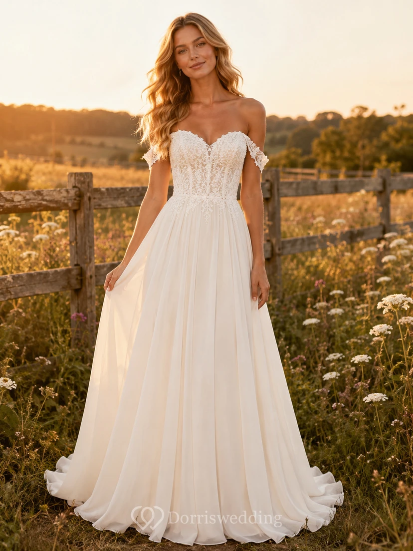 Vestido de novia de tul y encaje campestre, corte en A, hombros descubiertos, manga corta, cola de capilla, espalda baja en V.