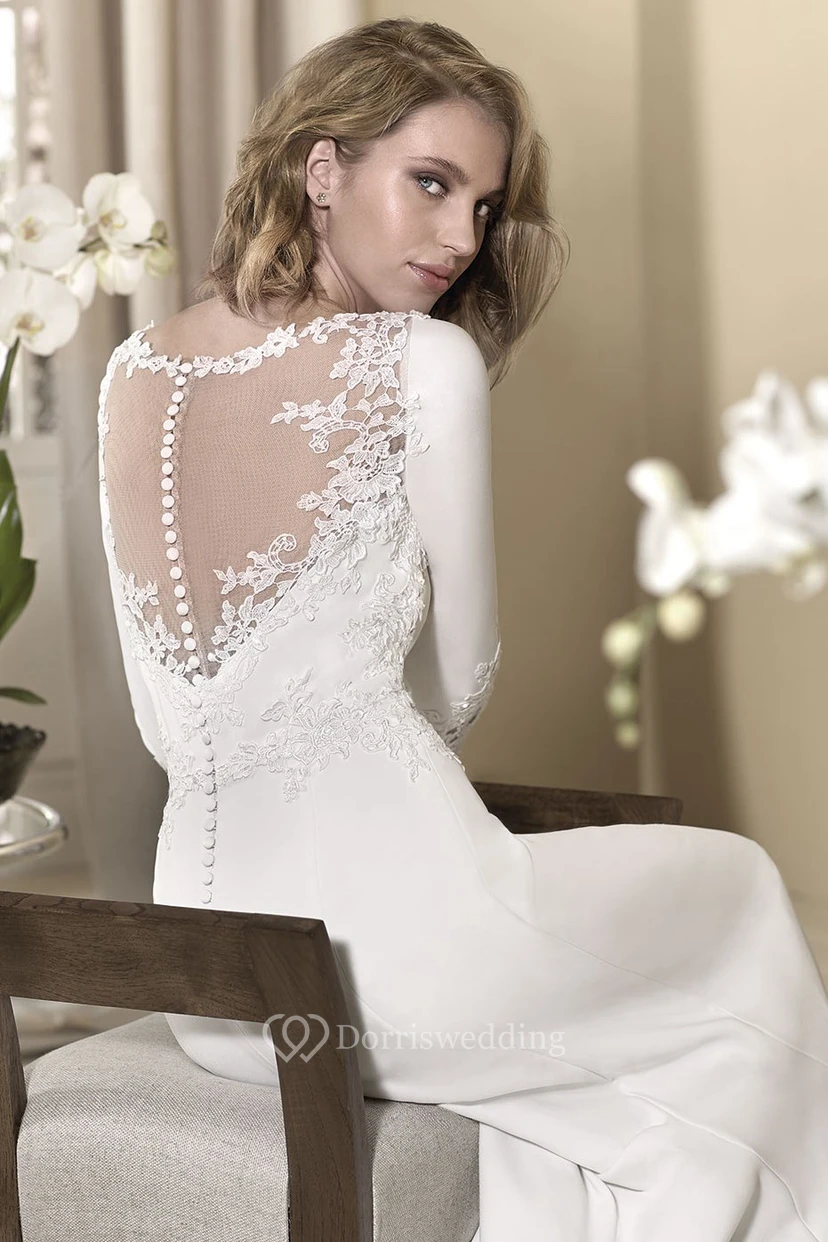 Sheath Long-Sleeve High-Neck Appliqued Floor-Length Jersey Wedding Dress view 3
