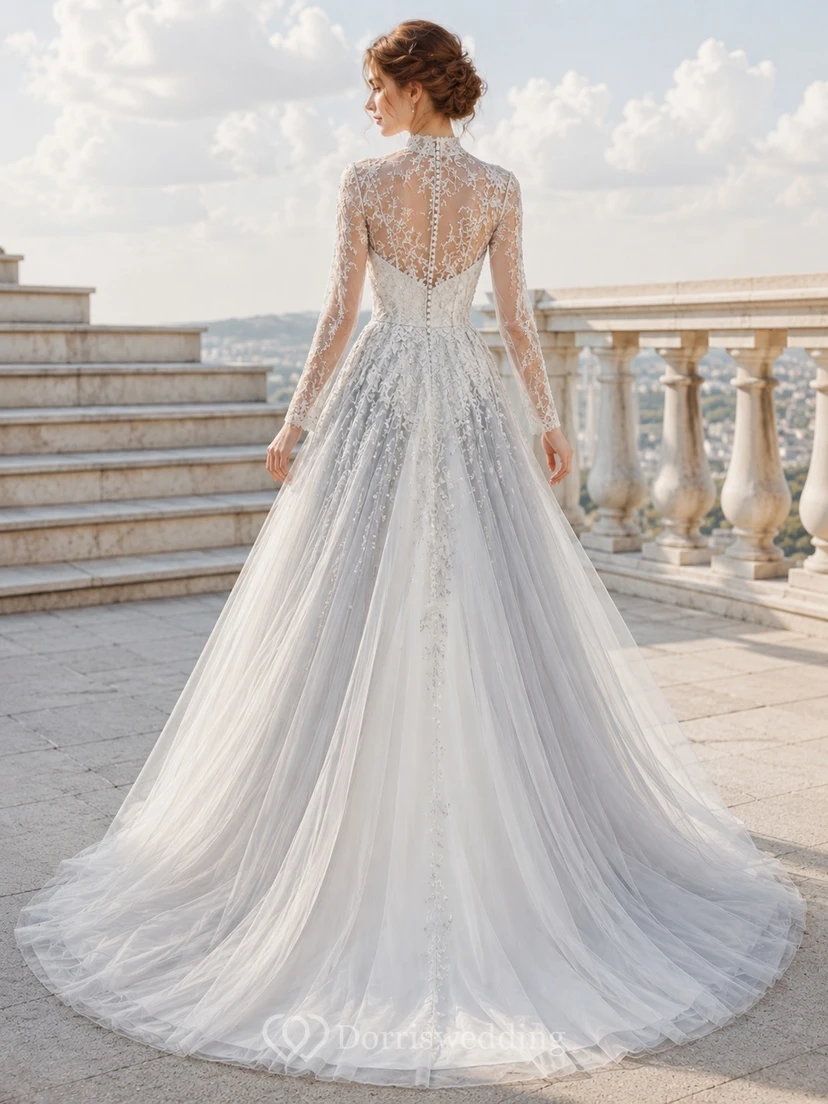 Graues Winterkleid in A-Linie, hoher Kragen, lange Ärmel, bodenlang, Schleppe, schlichtes Kleid view 2