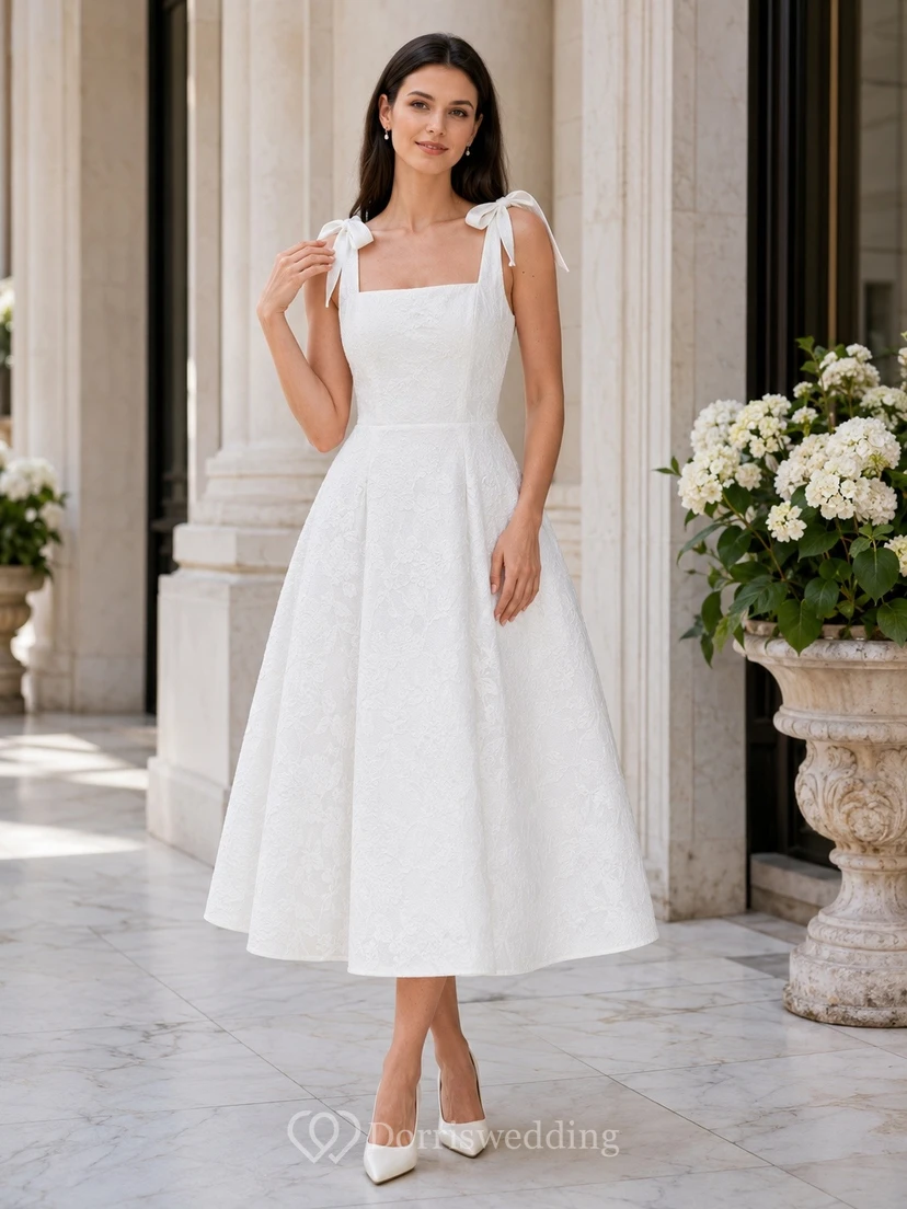 Vestido de jardín blanco de encaje con escote cuadrado, sin mangas, corte en A y largo hasta la rodilla.