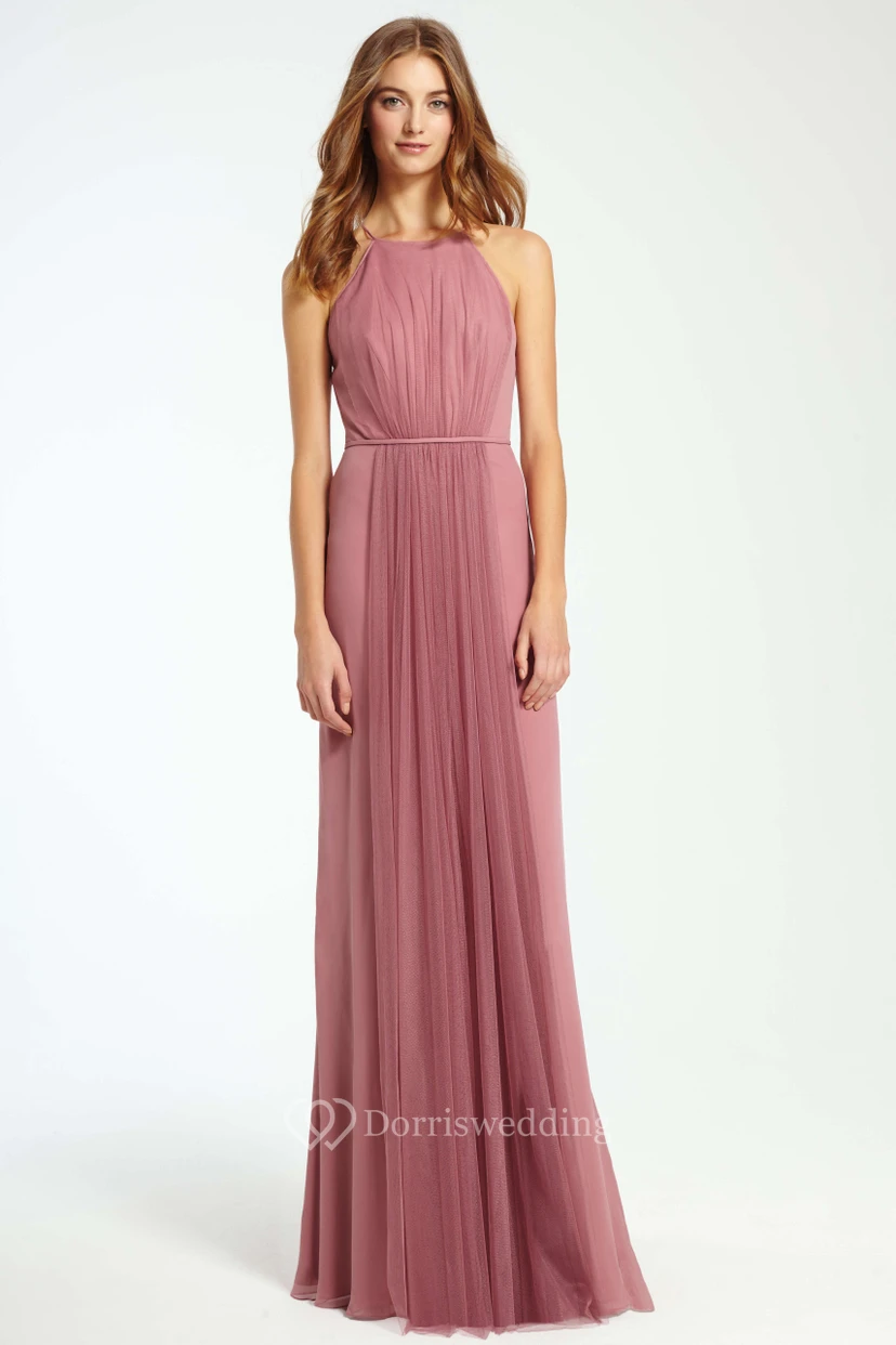 Maxi Ruched Sleeveless High Neck Tulle Bridesmaid Dress