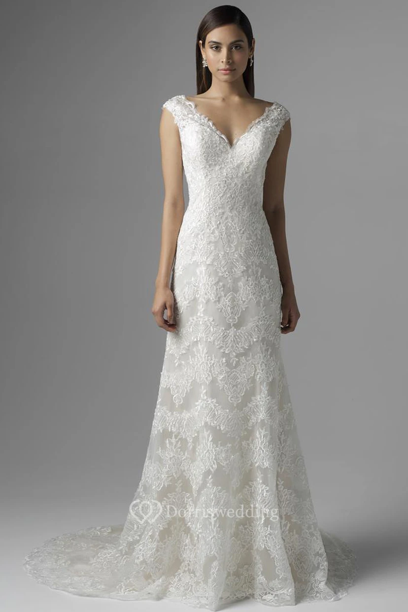 Sheath Sleeveless V-Neck Lace Wedding Dress With Deep-V Back