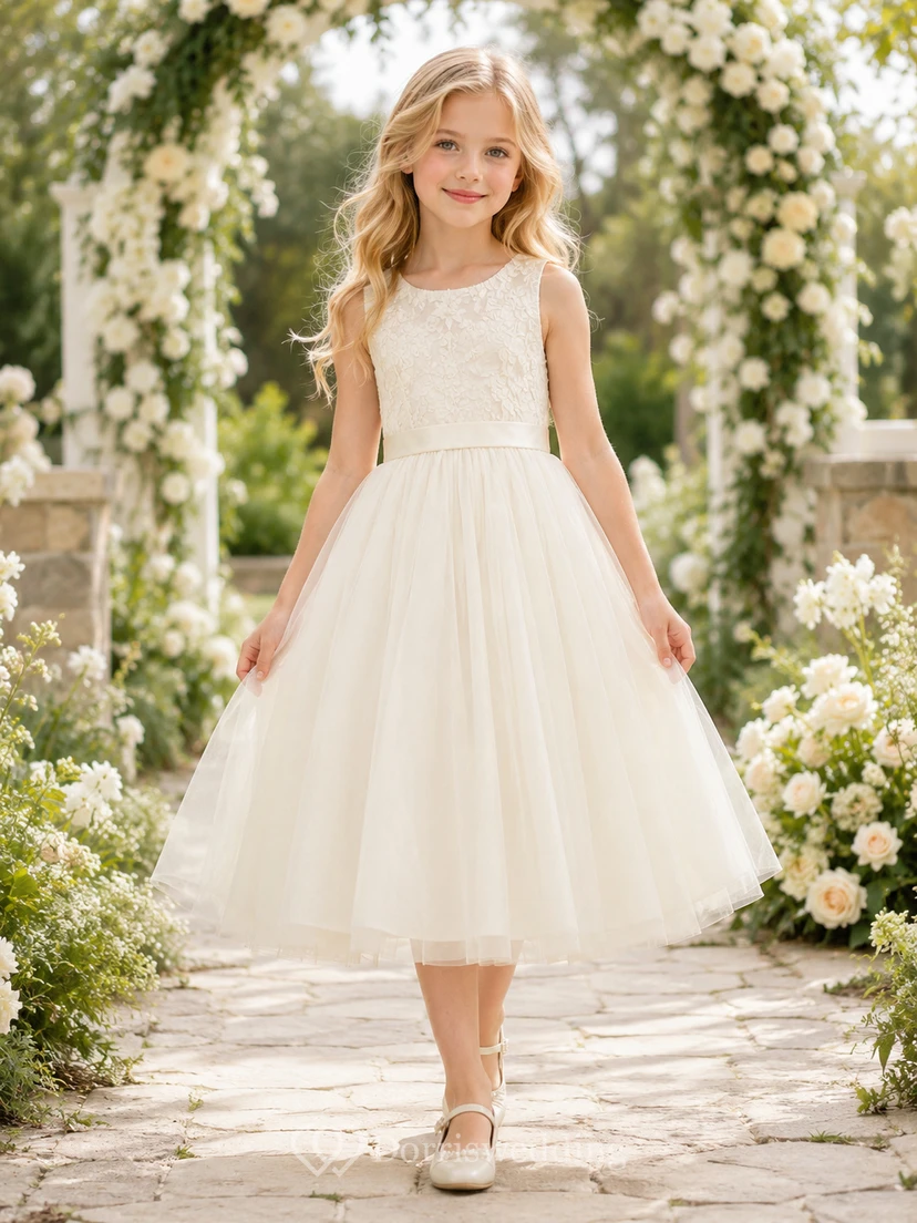 Robe romantique mi-longue trapèze en dentelle et tulle sans manches à col rond, idéale pour une demoiselle d'honneur.