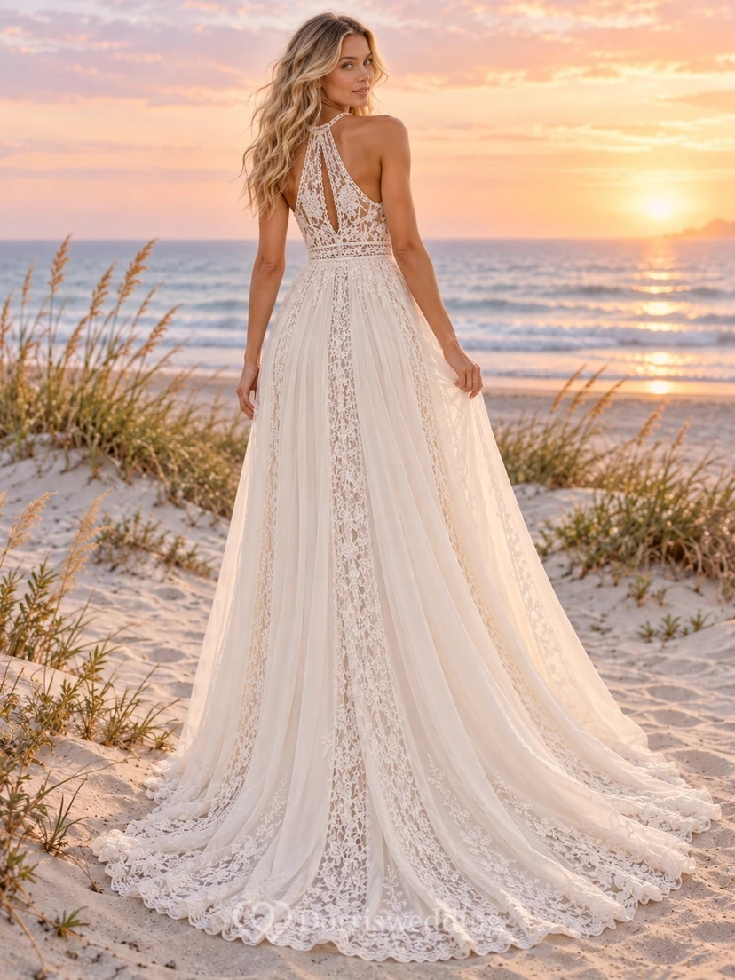 Boho Halter Geometric Lace Chiffon A-line Train Wedding Dress view 2