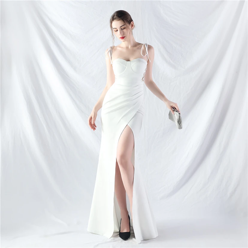 Vestido de noche de satén con cintura y orejas fijas, nueva tendencia, con dos métodos de atado de cuerda. view 55
