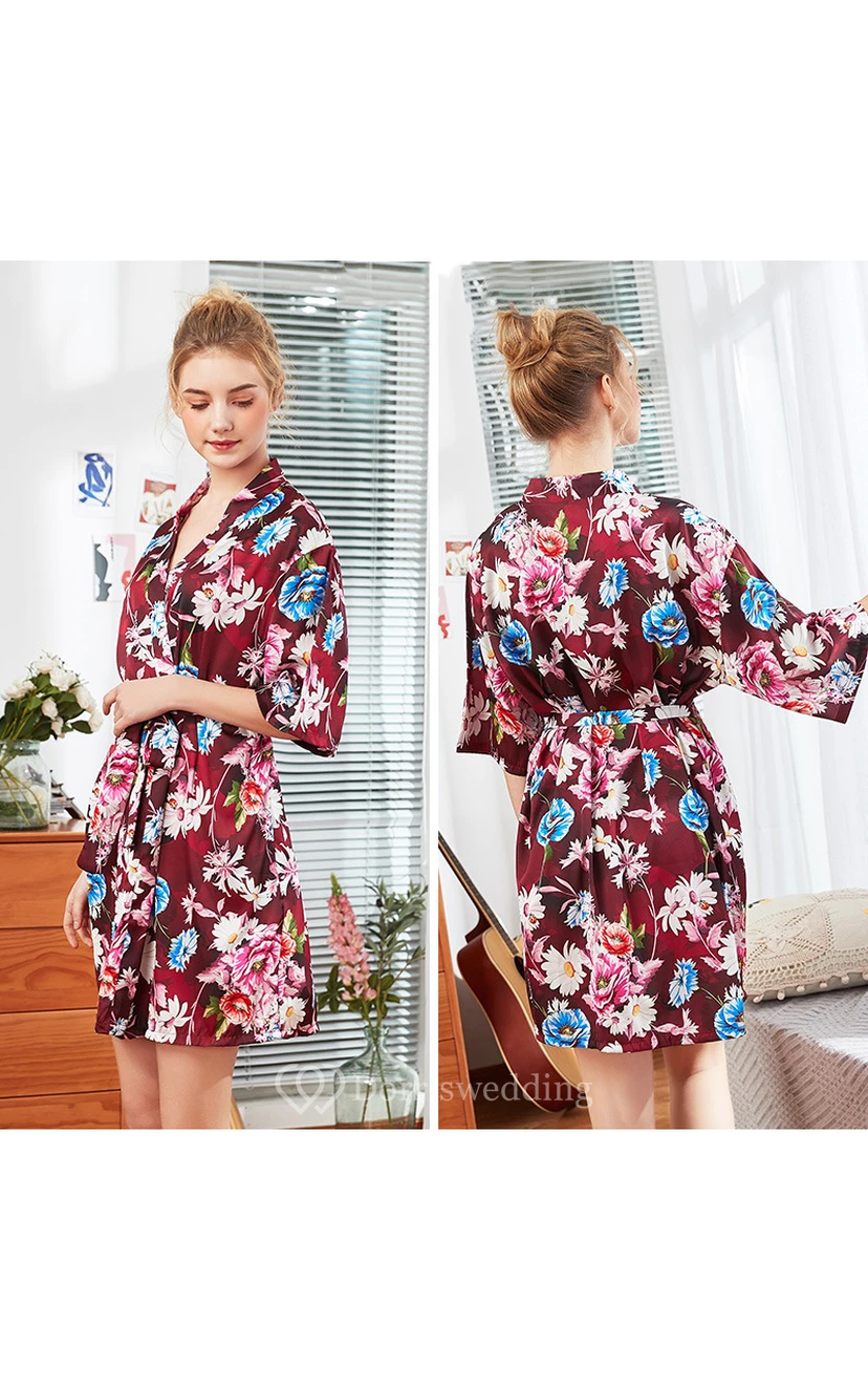 Floral Bride Bridesmaid Half Sleeved Short Robe view 4
