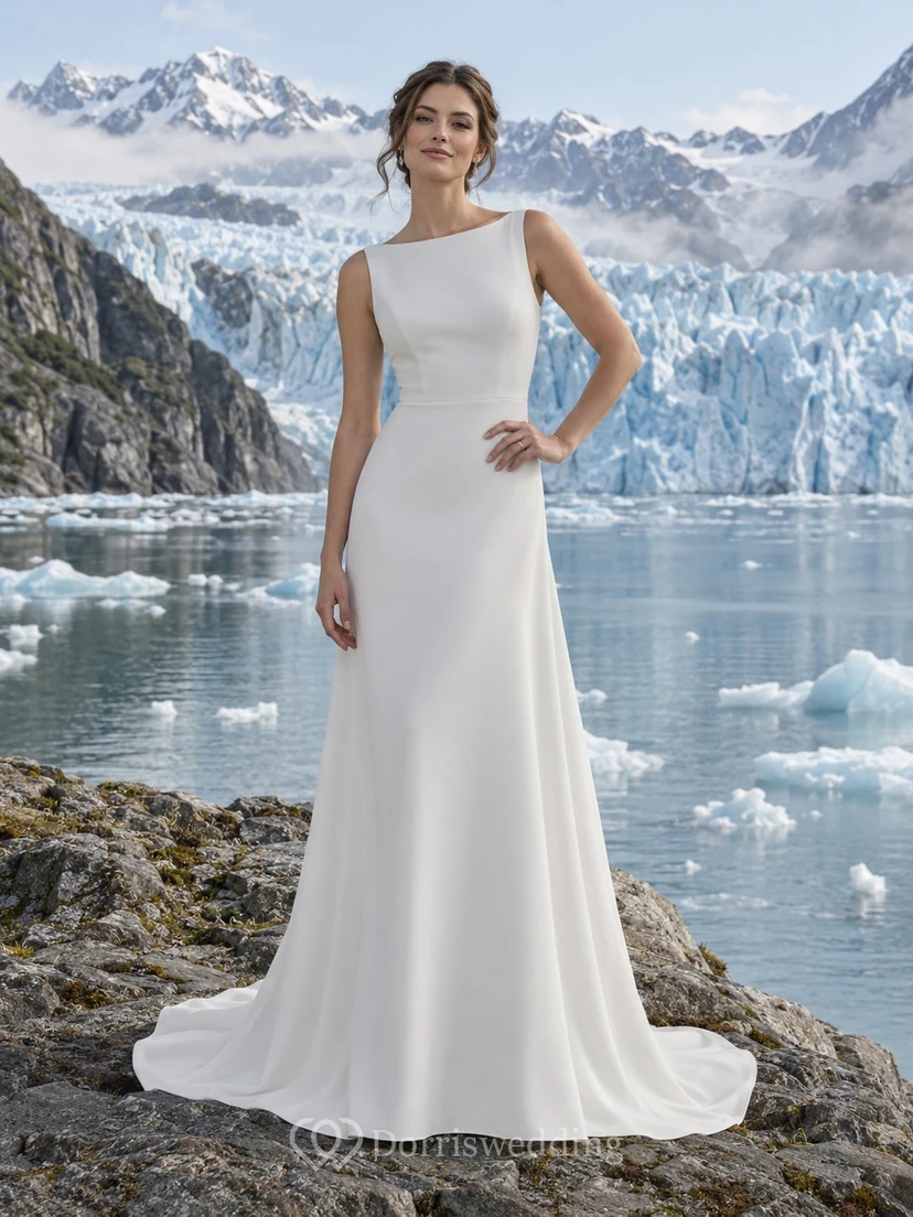 Vestido de novia moderno de crepé con escote barco y largo hasta el suelo con botones en la espalda