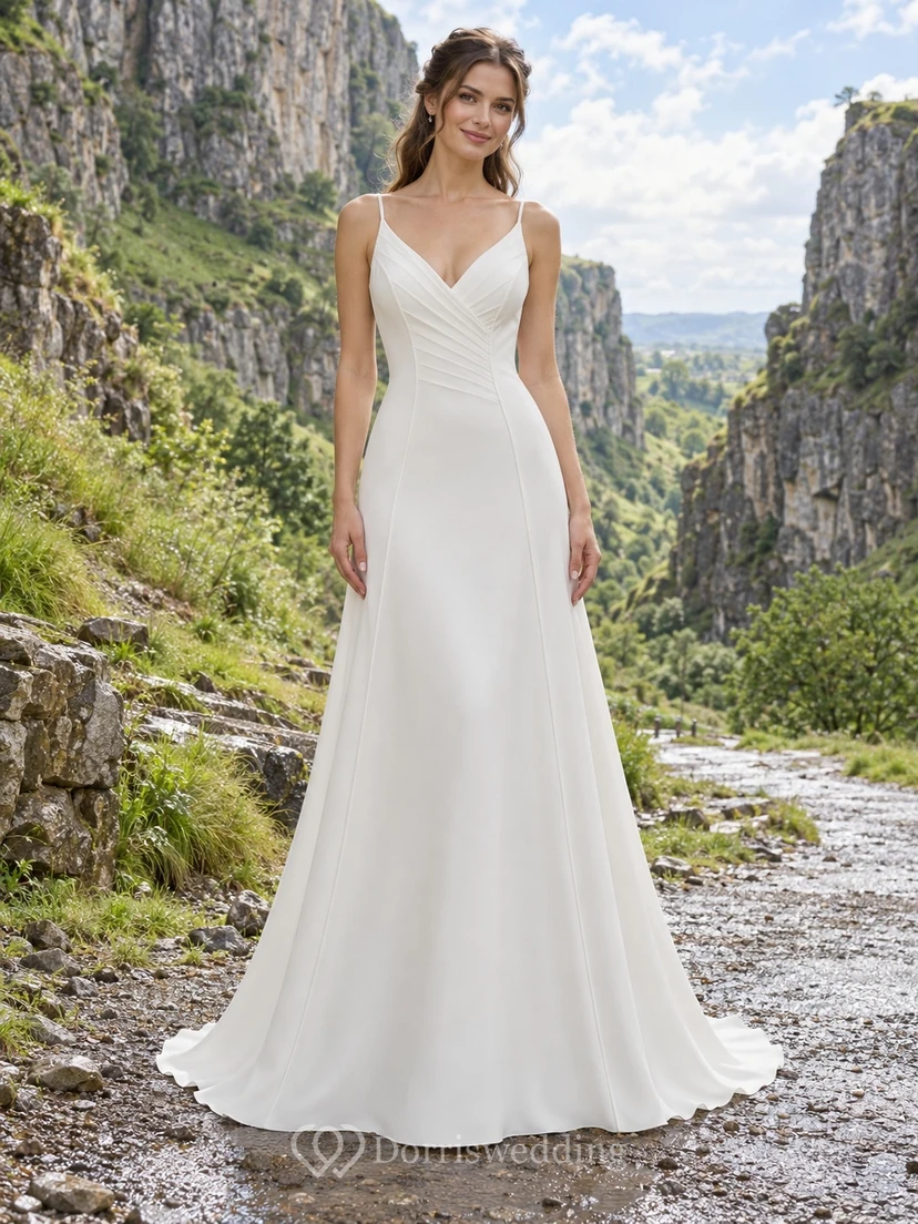 Elegante y sencillo vestido de novia de corte A, escote en V, sin mangas, largo hasta el suelo, con corpiño fruncido.