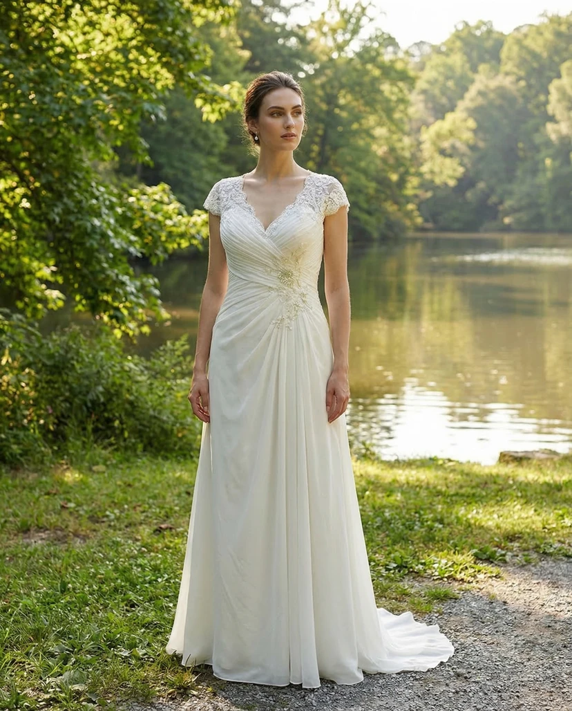 Plus Size Cap Sleeve Chiffon Wedding Gown view 3