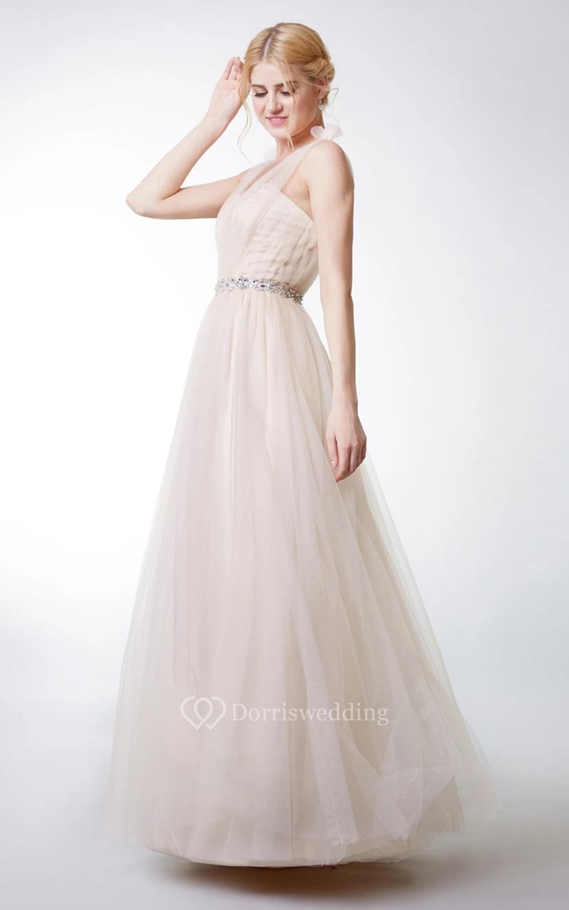 Sleeveless V Neck Pleated Long Tulle Dress With Applique Belt view 3