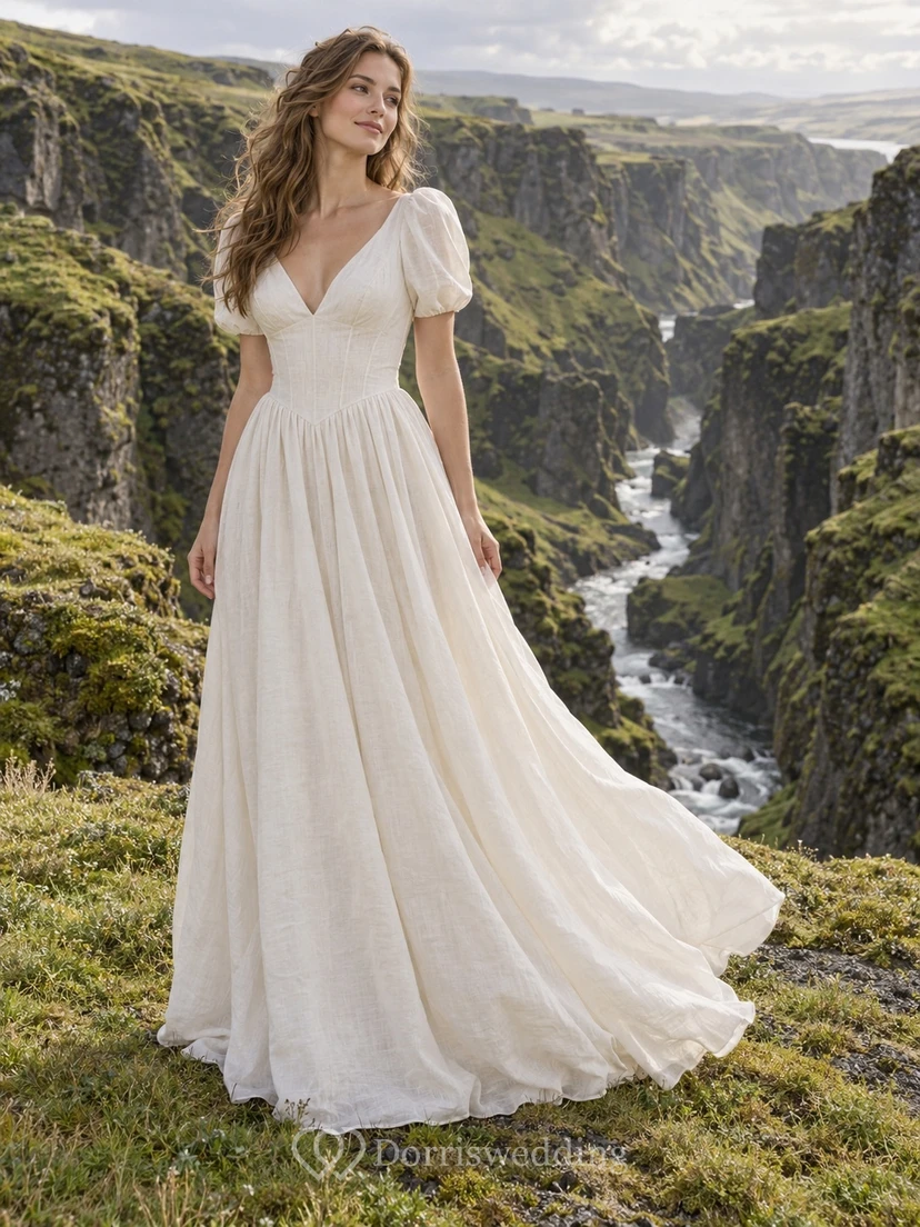 Vestido de novia sencillo de corte A, con mangas cortas abullonadas, escote en V, confeccionado en lino y falda fruncida.