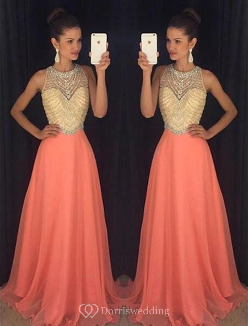 Classic Sleeveless Beadings Crystal Prom Dresses Long Chiffon