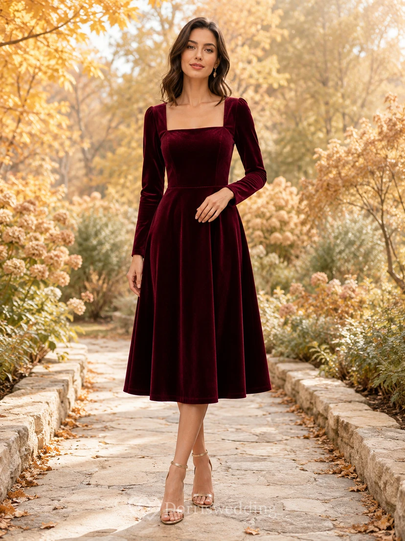 Burgundy Square Neck Long Sleeve Velvet Fall Occasion Dress