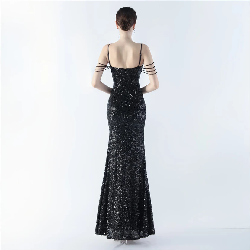 Robe de soirée sexy à bretelles et fente haute, ornée de perles et de perles artisanales. view 2