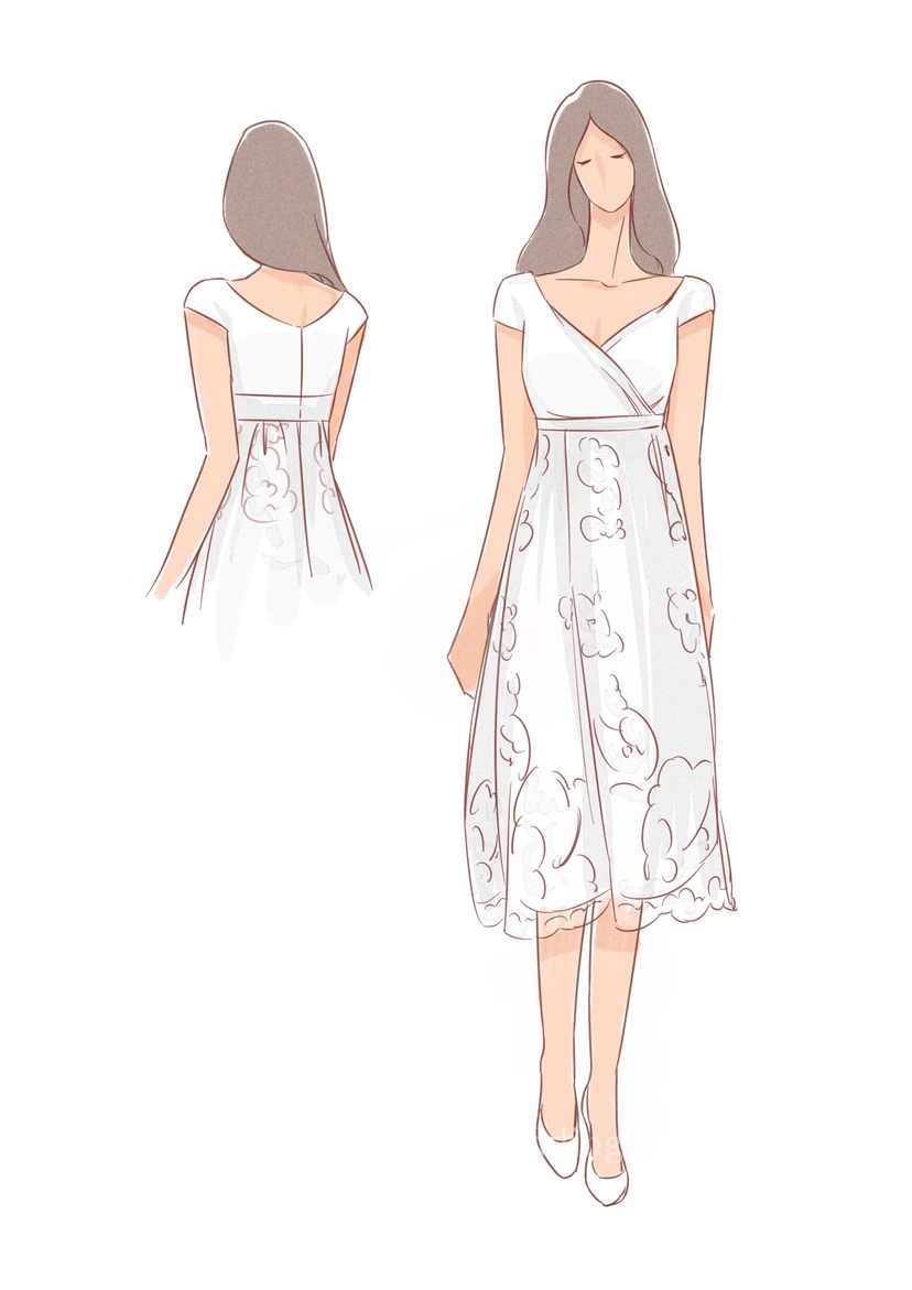 Vestido blanco de talla grande con escote en V y encaje, largo hasta la rodilla, para recepción de boda.
