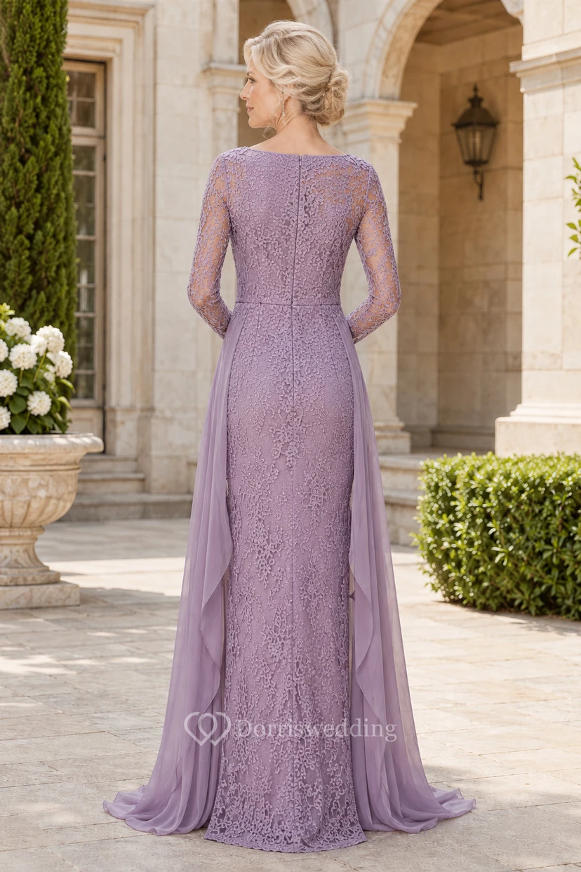 Lavender Lace Sheath Mother Dress With Long Illusion Sleeves And Side Panels view 2