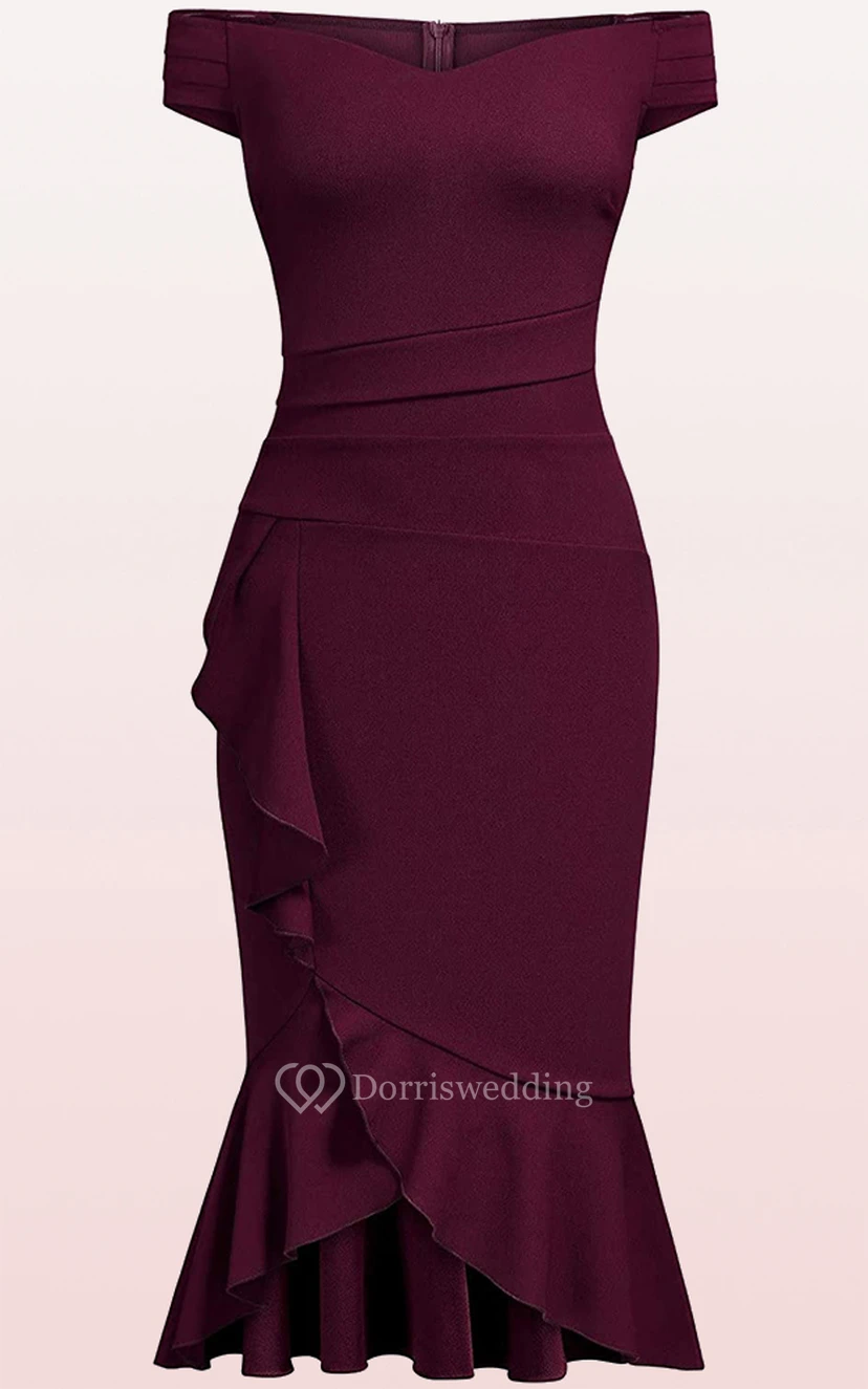 Romantic Satin Off-the-shoulder Sleeveless Bodycon Formal Dress With Ruffles view 3