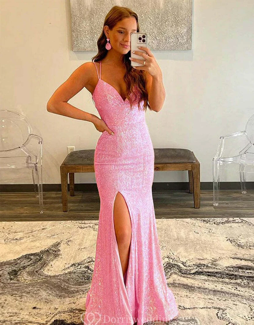 Robe longue à sequins orange fluo éclatante, bretelles spaghetti et fente jusqu'à la cuisse view 4