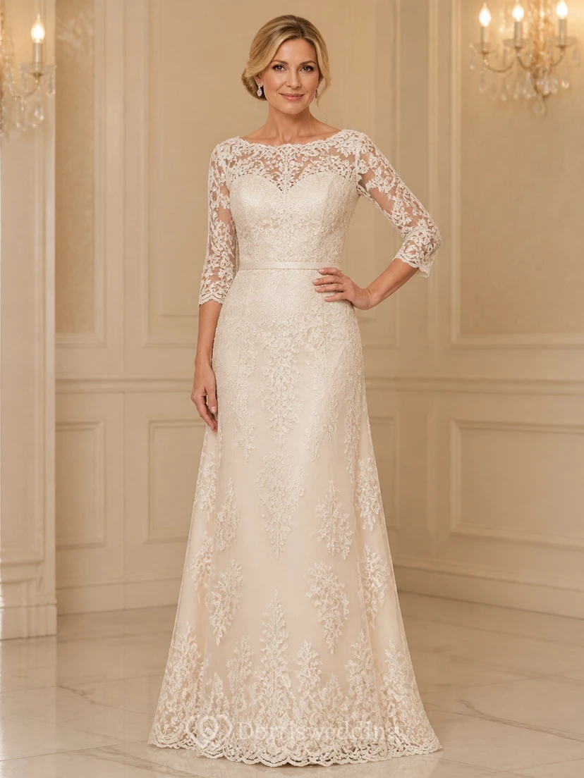 Soft-Scalloped Modest Older Brides Lace A-Line Floor-length Bateau Three-Quarter Sleeve Mother Dress