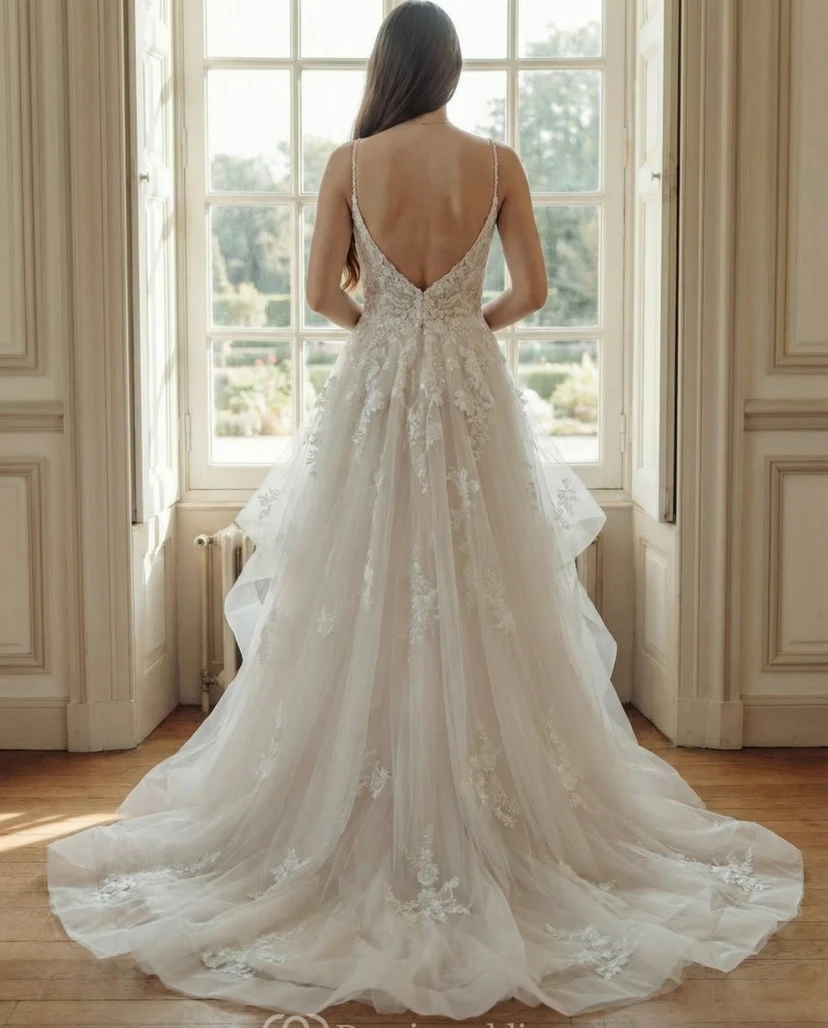 Romantic Lace Tulle A-Line Wedding Dress with Spaghetti Straps and Chapel Train view 2