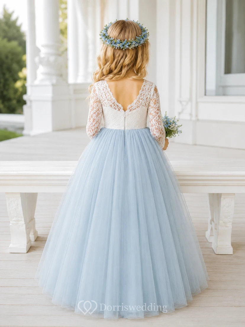Robe de demoiselle d'honneur bleu acier en dentelle et tulle, robe de bal longue à manches longues, col rond et ceinture. view 2