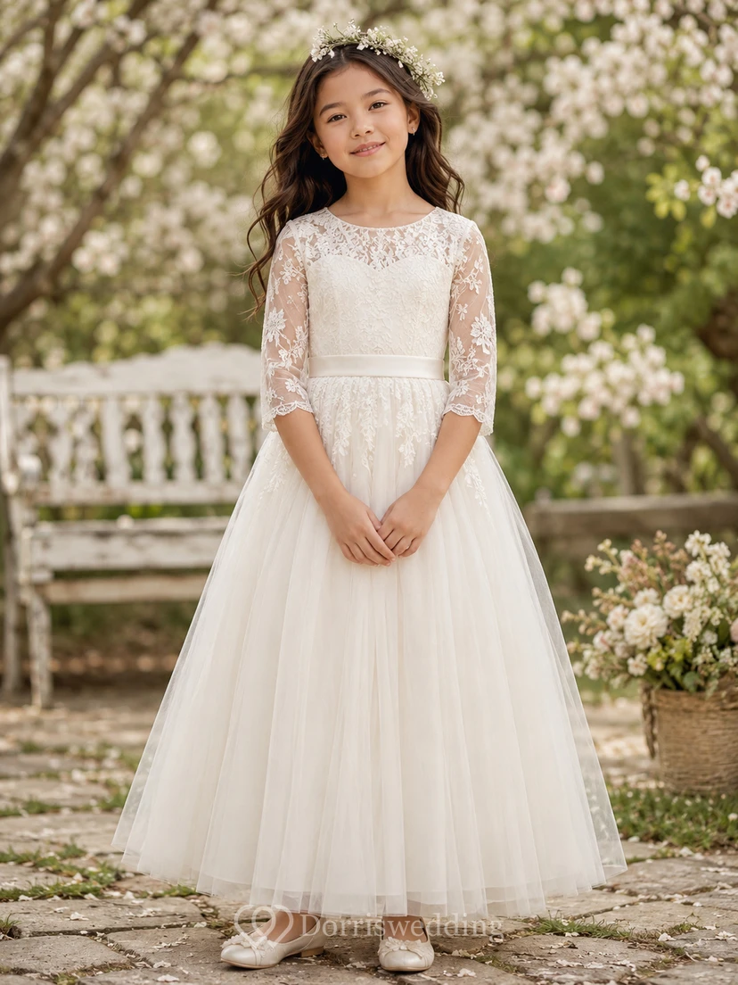 Langärmeliges Blumenmädchenkleid aus Spitze und Tüll