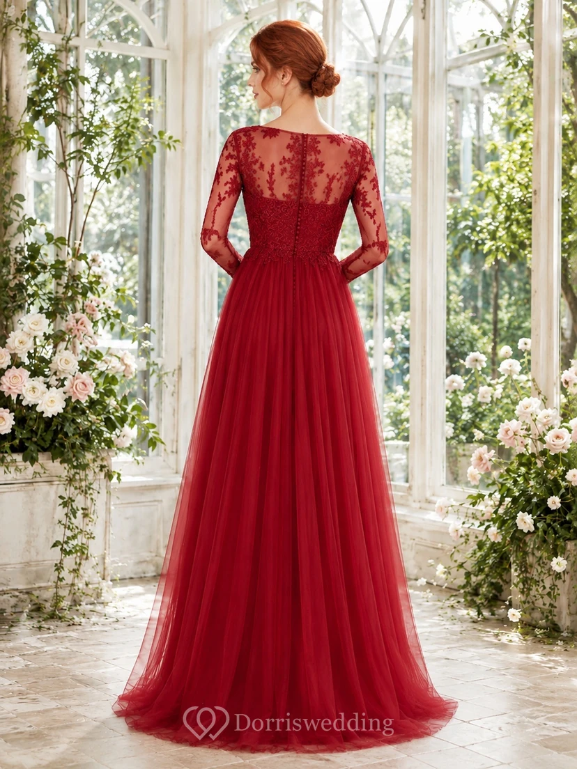 Rotes, bodenlanges Abendkleid aus Tüll mit V-Ausschnitt, langen Ärmeln und A-Linien-Schnitt view 2