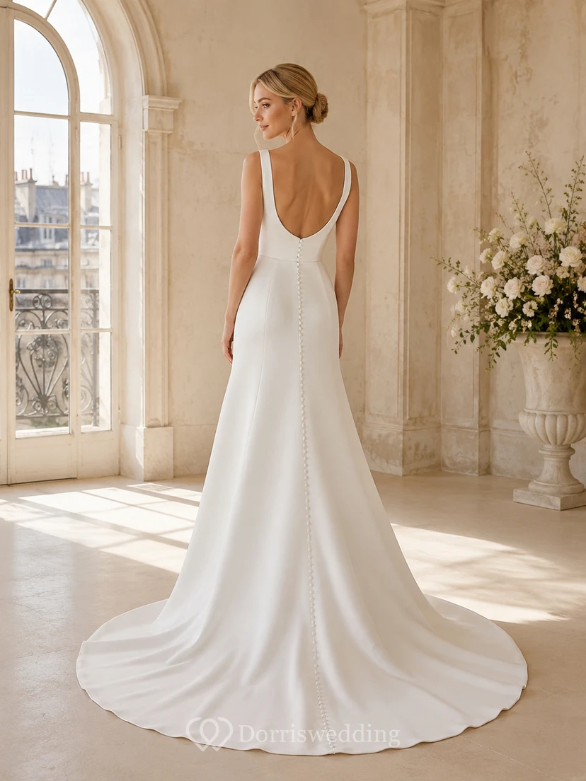 Robe de mariée minimaliste en satin raffiné, col carré, sans manches, coupe trapèze, traîne, idéale pour une cour intérieure. view 2
