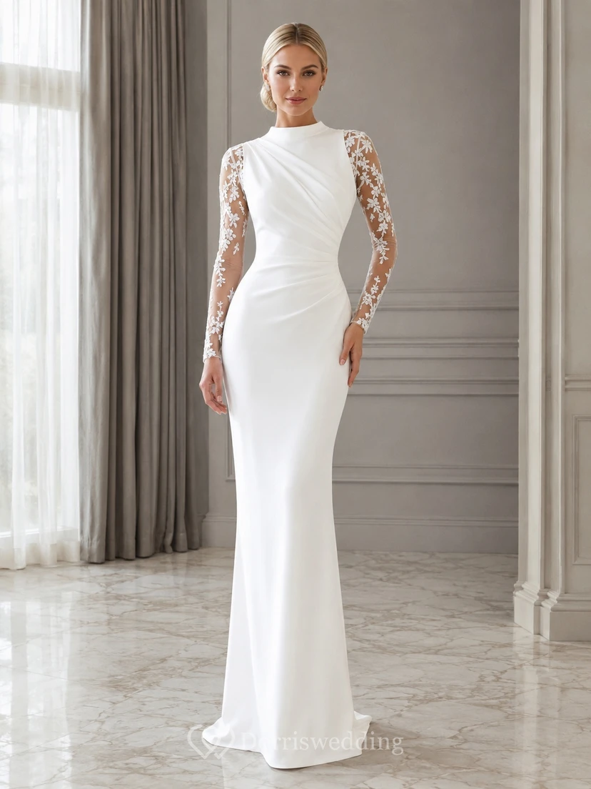 Modest White High Neck Lace Long Sleeve Satin Mermaid Floor-Length Gown